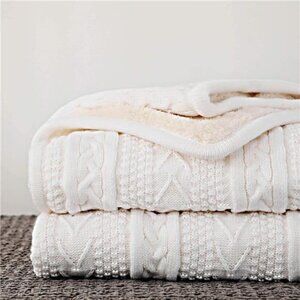 Acrylic Cable Knit Sherpa Throw Blanket – Thick, Soft, Big, Cozy Ivory White